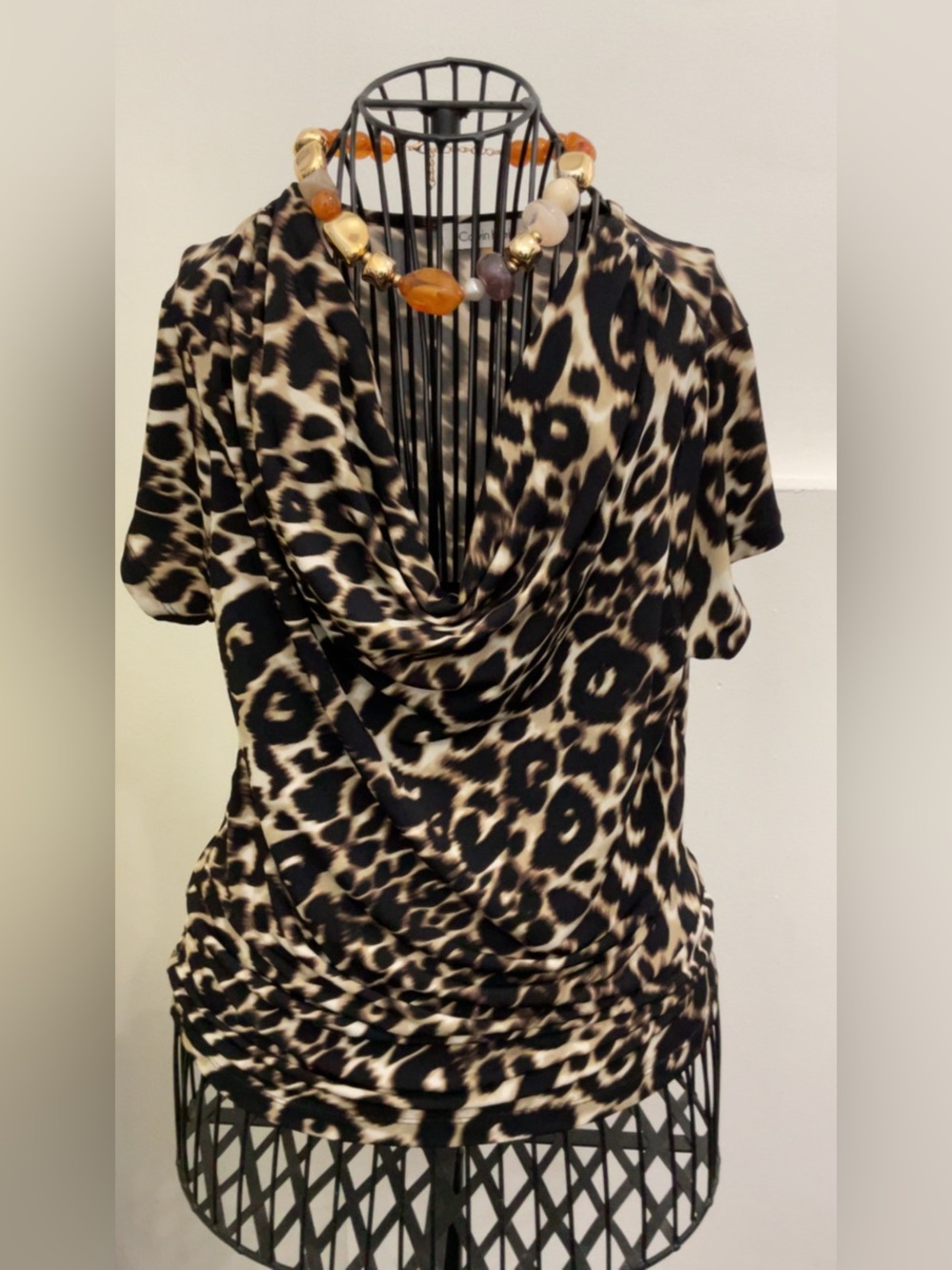 Leopard Print Drape Neck Short Sleeve Top/Blouse - Black & Cream
